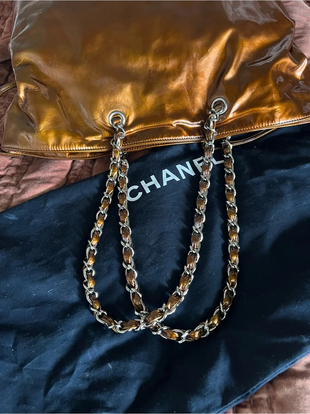 CHANEL 2008 Bon Bon petit Brown Patent Leather CC Chain Tote bag vintage